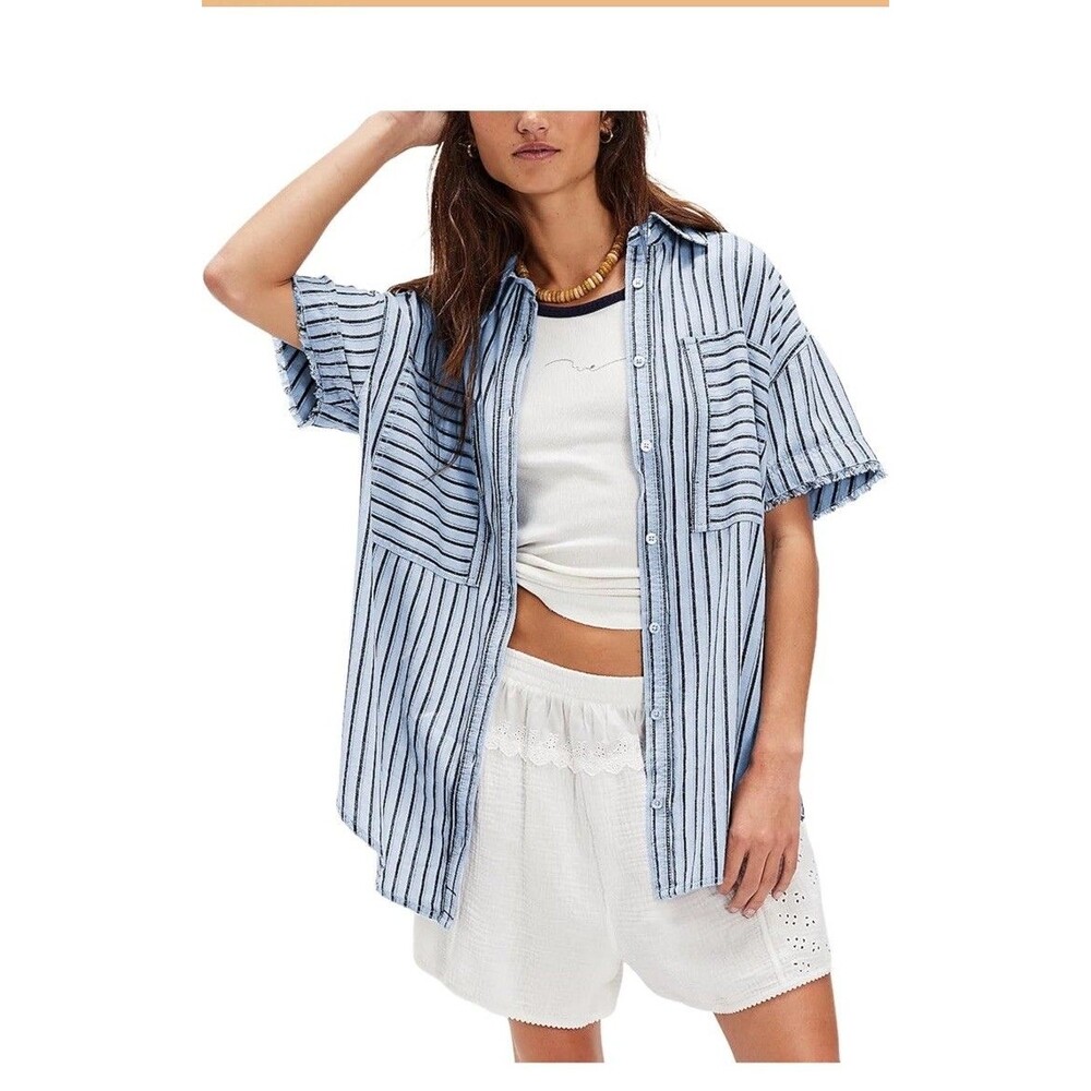 Womens Striped Button Down Shirts Casual Long Sleeve Loose Collared Blouses XL